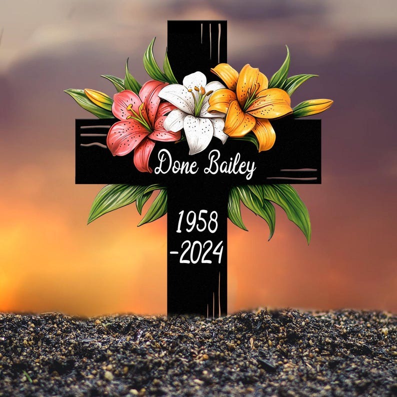 Lily Cross Memorial Garden Stake, Personalized Grave Marker for Loved One, Outdoor Cemetery Tribute with Name and Dates