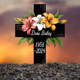 Lily Cross Memorial Garden Stake, Personalized Grave Marker for Loved One, Outdoor Cemetery Tribute with Name and Dates