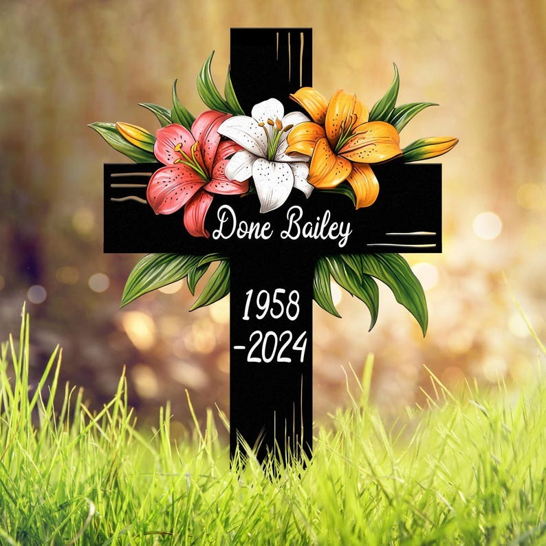 Lily Cross Memorial Garden Stake, Personalized Grave Marker for Loved One, Outdoor Cemetery Tribute with Name and Dates