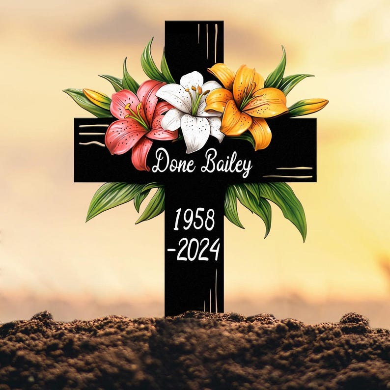Lily Cross Memorial Garden Stake, Personalized Grave Marker for Loved One, Outdoor Cemetery Tribute with Name and Dates