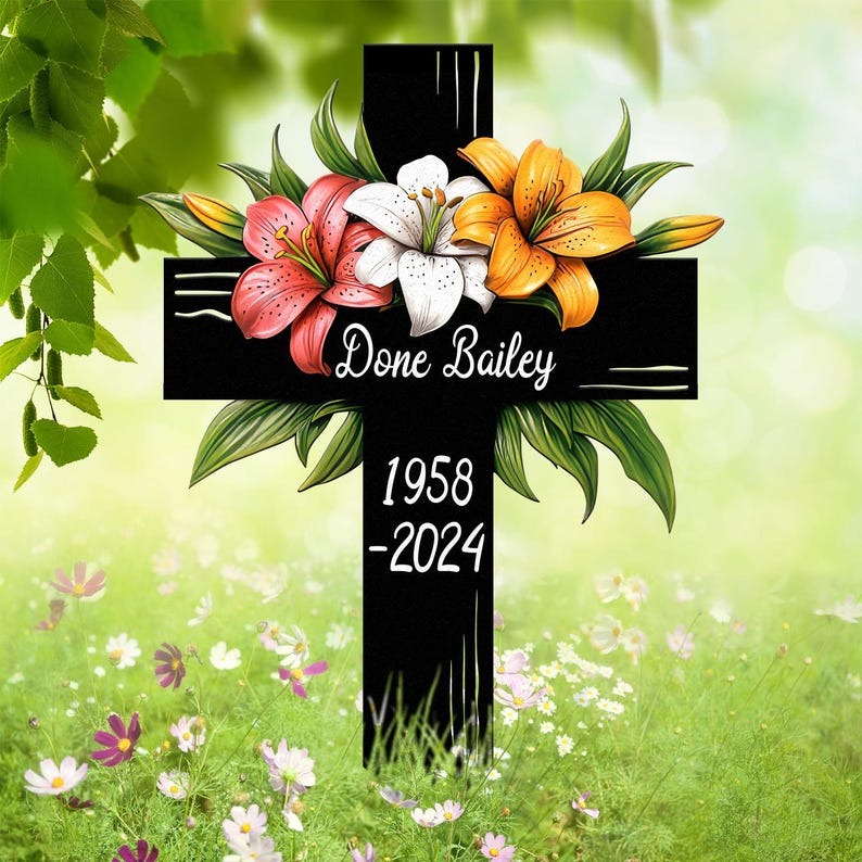 Lily Cross Memorial Garden Stake, Personalized Grave Marker for Loved One, Outdoor Cemetery Tribute with Name and Dates