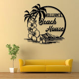 Custom Beach House Hawaiian Flower Scene Metal Wall Art LED Lights, Personalized Palm Tree Family Name Sign, Beach House Sign, Outdoor Decor