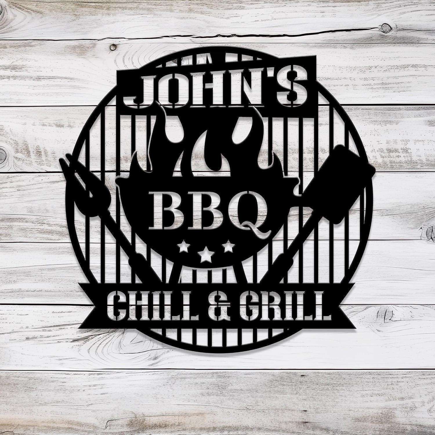 Personalized Chill & Grill Metal Sign with LED Light, Metal Barbecue Sign, Bar Signs, BBQ Signs, Outdoor Kitchen Metal Signs, Patio Decor
