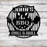 Personalized Chill & Grill Metal Sign with LED Light, Metal Barbecue Sign, Bar Signs, BBQ Signs, Outdoor Kitchen Metal Signs, Patio Decor