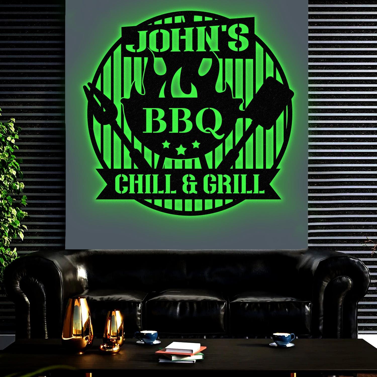 Personalized Chill & Grill Metal Sign with LED Light, Metal Barbecue Sign, Bar Signs, BBQ Signs, Outdoor Kitchen Metal Signs, Patio Decor