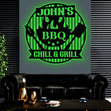 Personalized Chill & Grill Metal Sign with LED Light, Metal Barbecue Sign, Bar Signs, BBQ Signs, Outdoor Kitchen Metal Signs, Patio Decor
