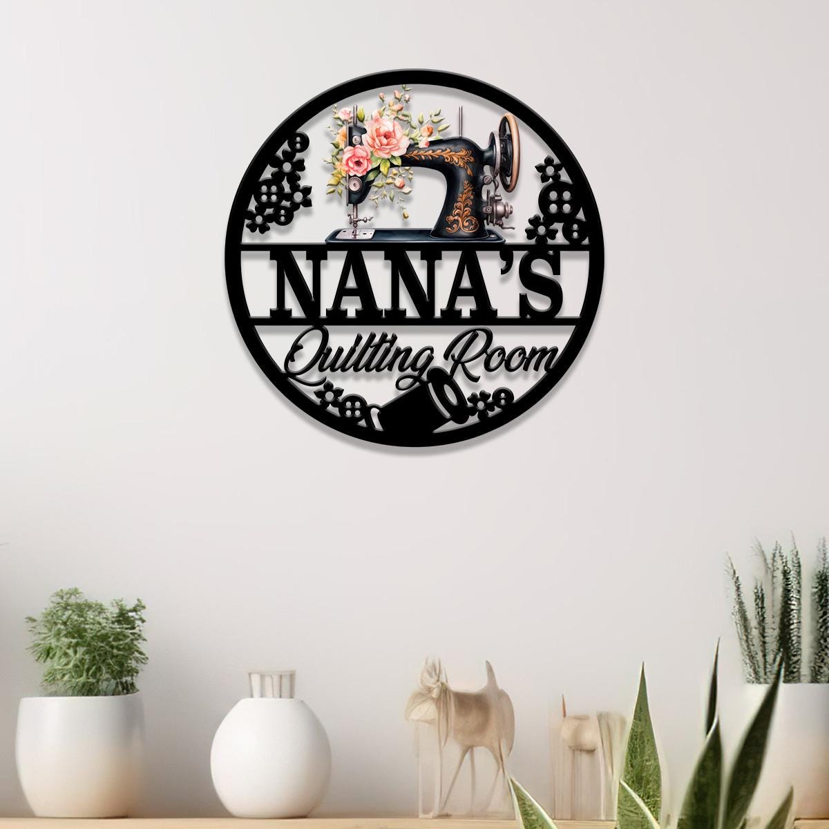 Personalized Floral Nana Sewing Room Metal Sign, Custom Quilting Sign For Sewing Room Decor, Sewing Machine Sign, Gift for Mom & Grandma