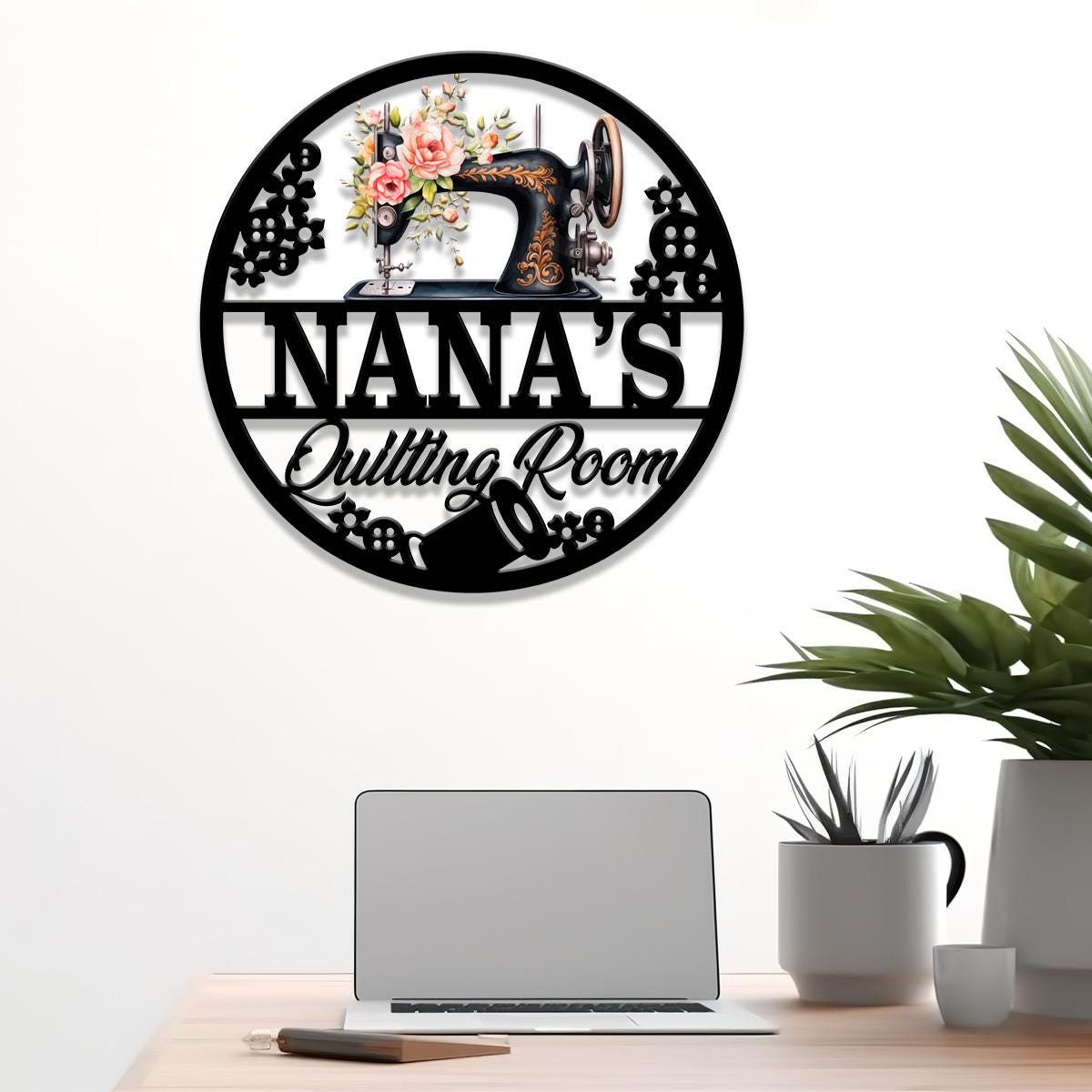 Personalized Floral Nana Sewing Room Metal Sign, Custom Quilting Sign For Sewing Room Decor, Sewing Machine Sign, Gift for Mom & Grandma