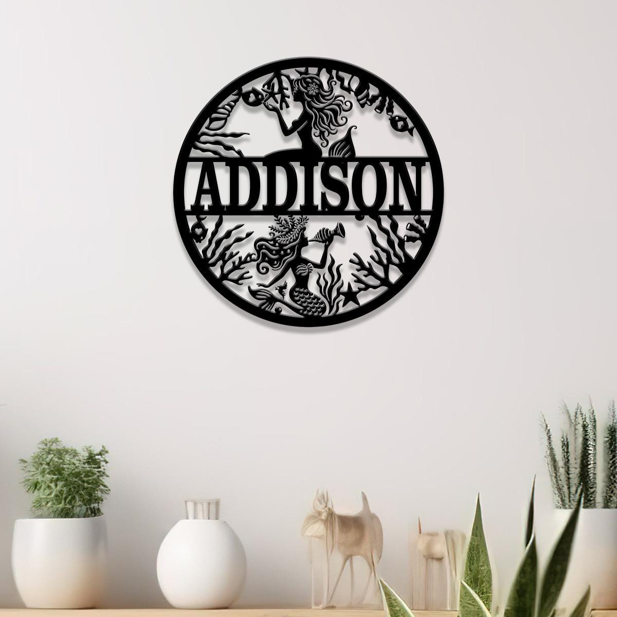 Custom Mermaid Name Sign with Led Light, Personalized Metal Mermaid Wall Decor, Beach House Decor, Kids Room Nursery Decor, Nautical Decor