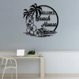 Custom Beach House Hawaiian Flower Scene Metal Wall Art LED Lights, Personalized Palm Tree Family Name Sign, Beach House Sign, Outdoor Decor