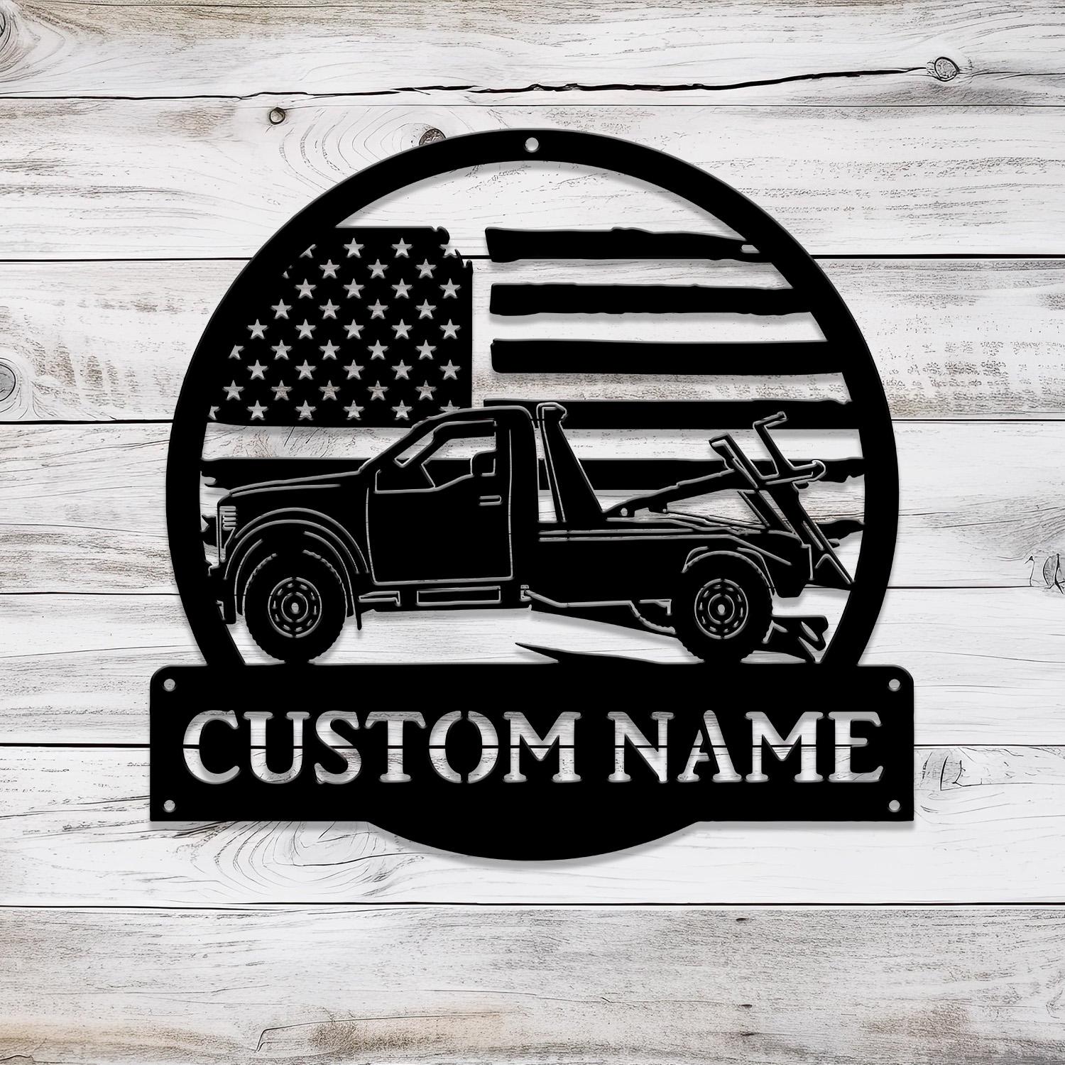 Custom US Rotator Tow Truck Driver Metal Sign with LED Light, Personalized Trucker Name Sign, Heavy Duty Wrecker Decoration, Christmas Gift