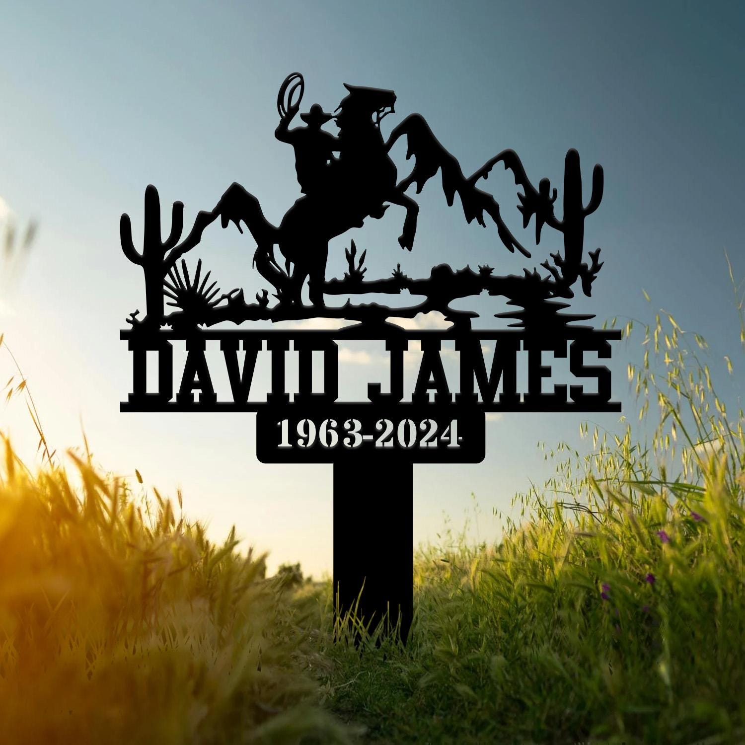 Personalized Cowboy Memorial Metal Stake, Cowboy Cross Plaque, Sympathy Sign, Grave Marker, Remembrance Stake, Garden Decor, Outdoor Sign