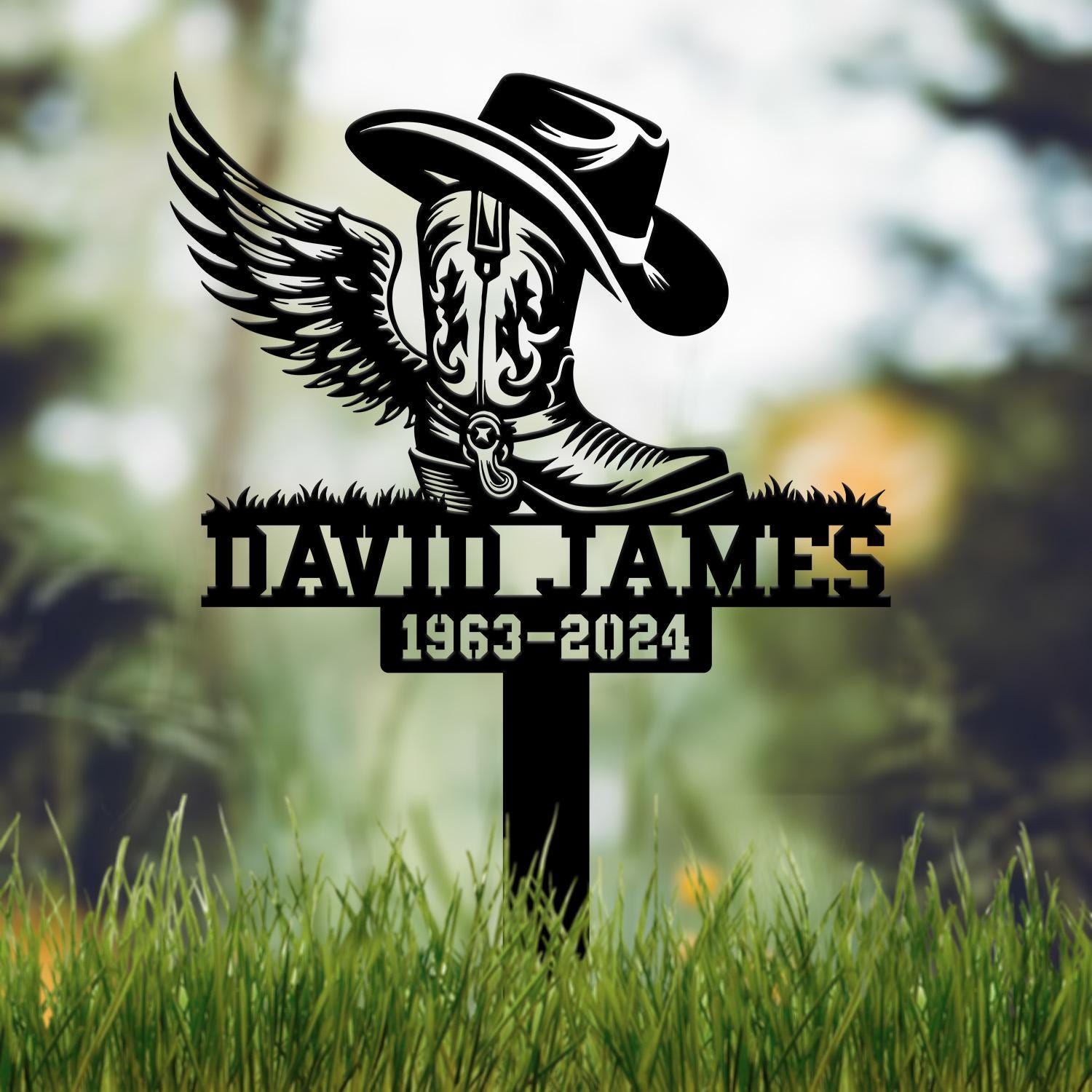 Custom Cowboy Boot Hat With Wings Memorial Stake, Personalized Cowboy Name Memorial Sign, Cowboy Sympathy Gift, Memorial Plaque