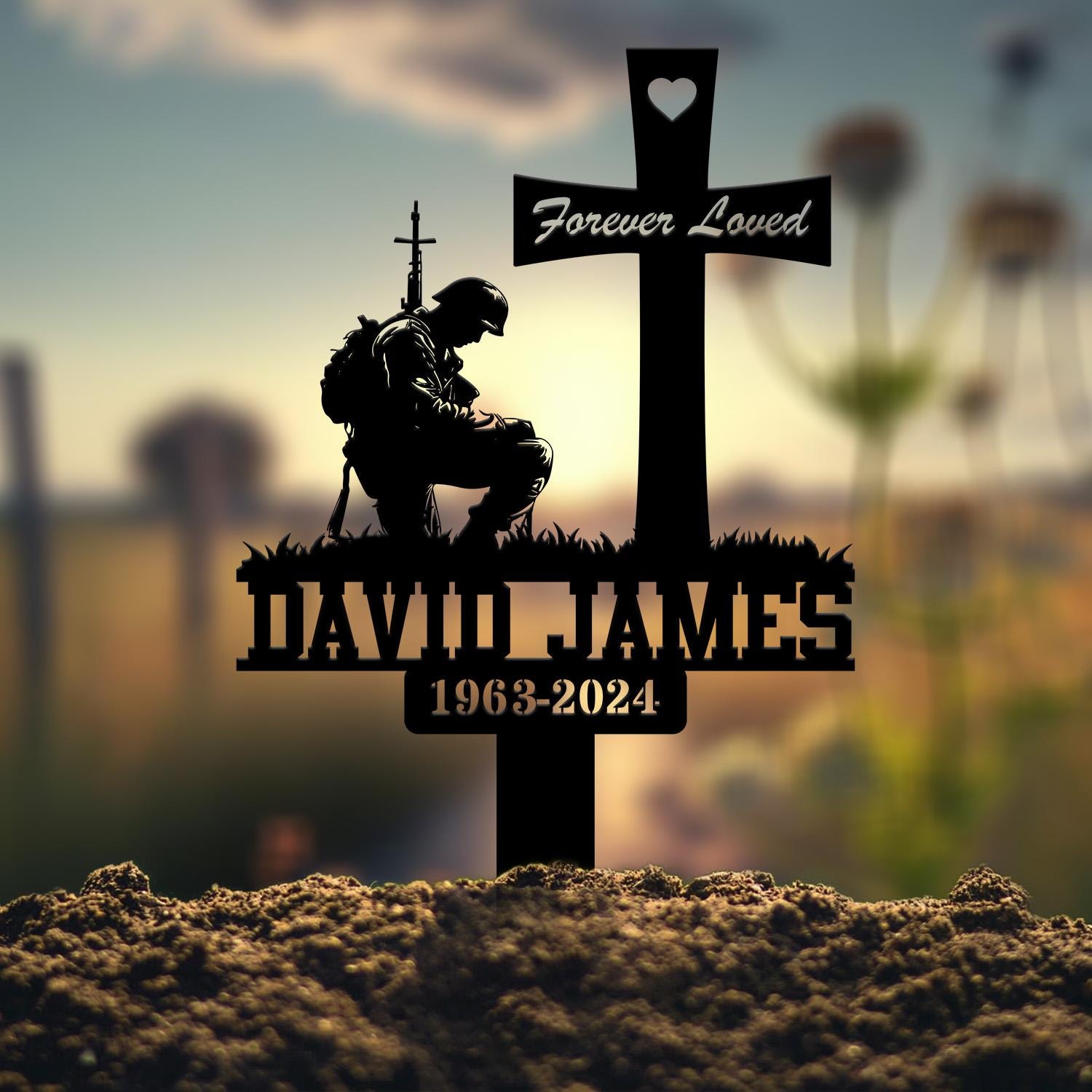 Custom Soldier Kneeling Metal Memorial Stake, Personalized Veteran Army Grave Marker Name Sign, Military Remembrance Stake, Sympathy Gift
