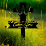Personalized Cross With Praying Hand Memorial Stake, Religion Metal Stake, Sympathy Sign, Grave Marker, Remembrance Stake