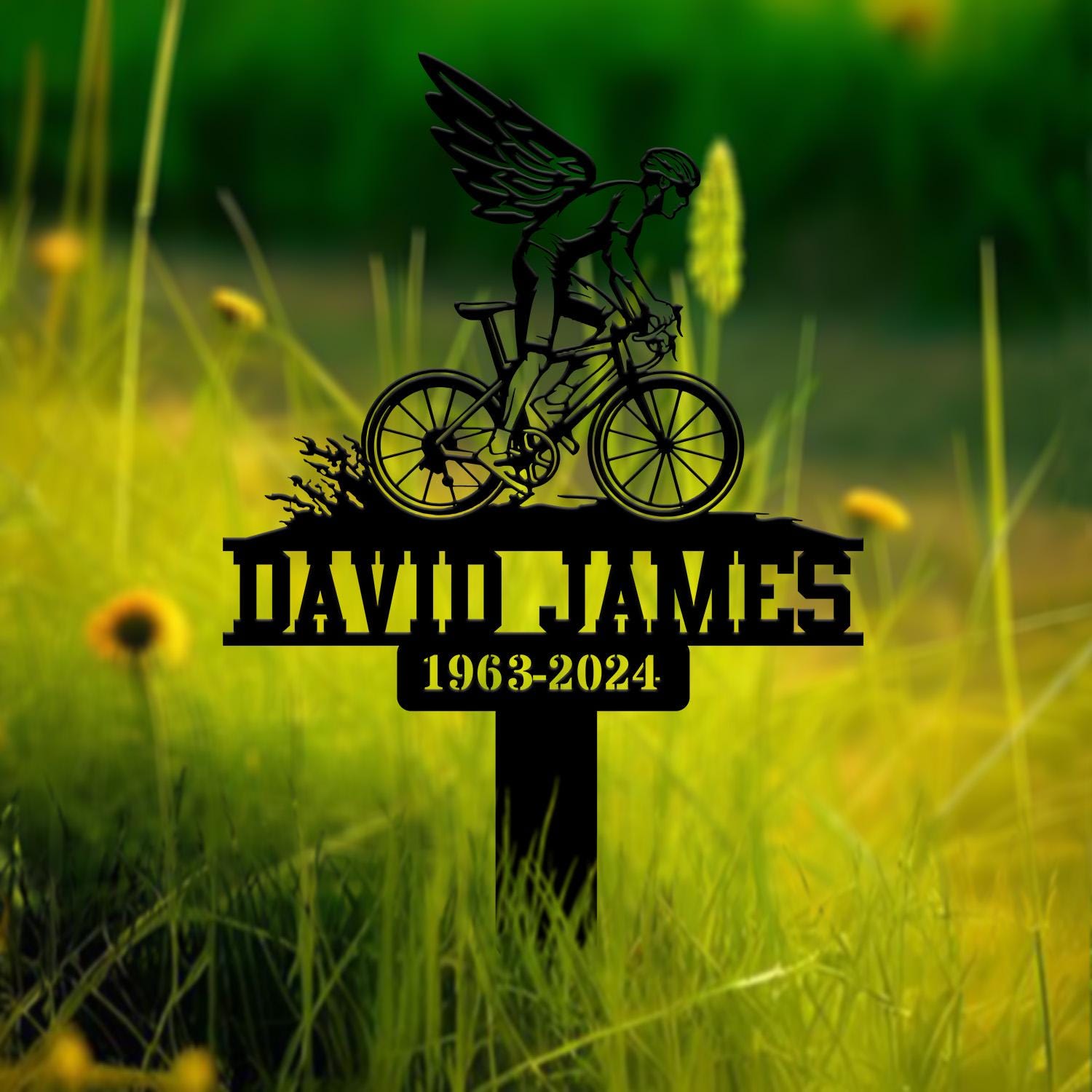 Personalized Cyclist Bike Rider with Wings Memorial Plaque Stake, Metal Stake, Sympathy Sign, Grave Marker, Remembrance Stake