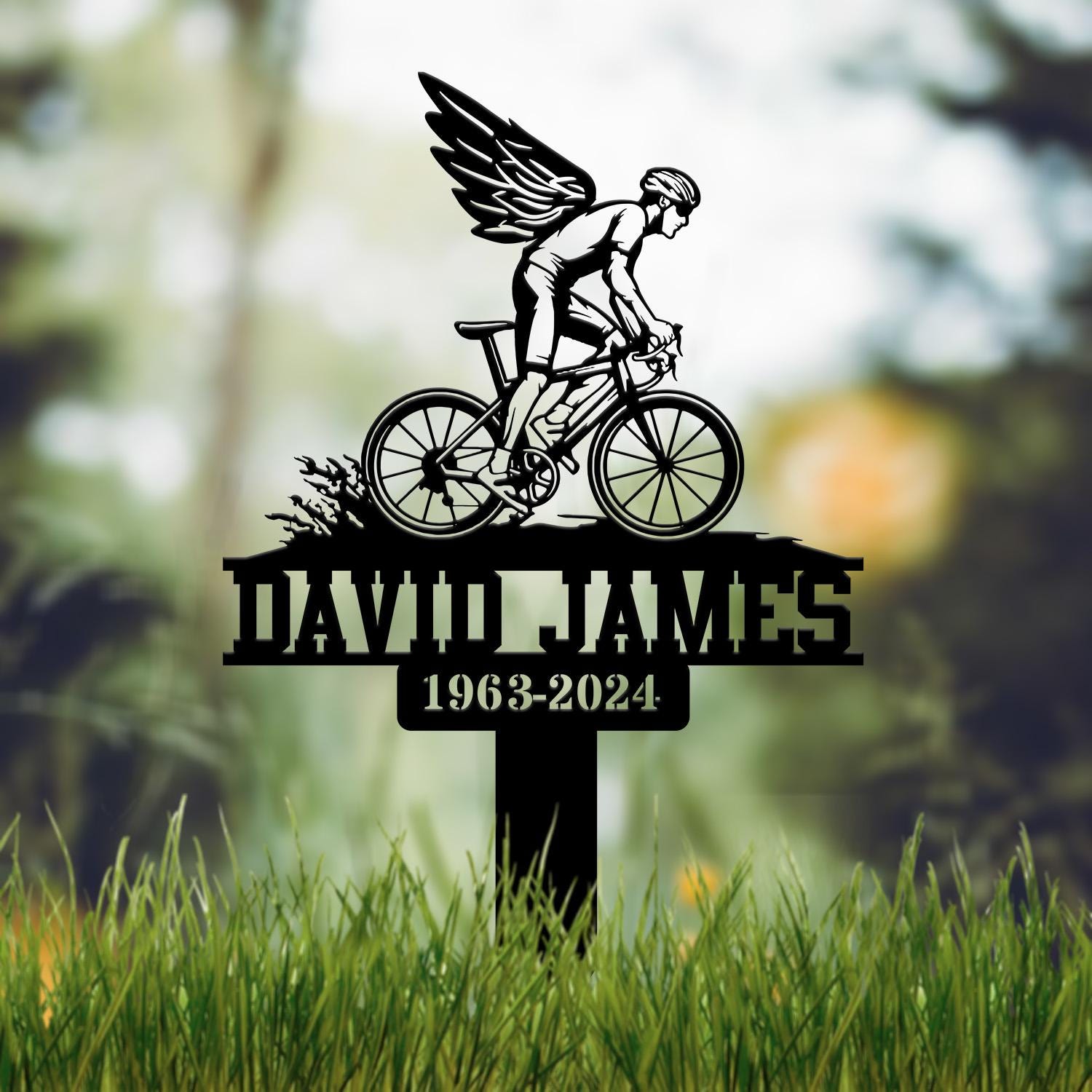 Personalized Cyclist Bike Rider with Wings Memorial Plaque Stake, Metal Stake, Sympathy Sign, Grave Marker, Remembrance Stake