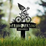 Personalized Cyclist Bike Rider with Wings Memorial Plaque Stake, Metal Stake, Sympathy Sign, Grave Marker, Remembrance Stake