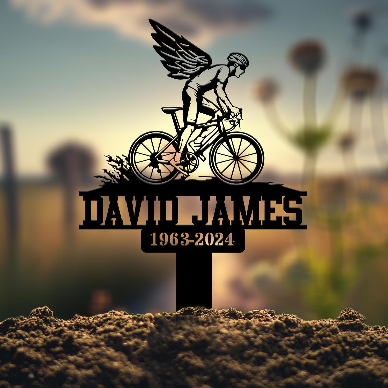 Personalized Cyclist Bike Rider with Wings Memorial Plaque Stake, Metal Stake, Sympathy Sign, Grave Marker, Remembrance Stake