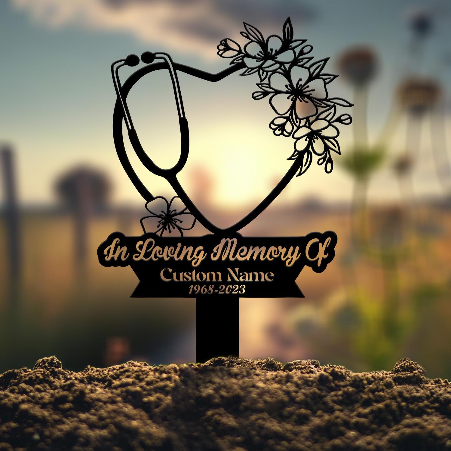 Personalized Floral Heart Stethoscope Nursing Memorial Plaque Stake, Sympathy Sign, Grave Marker, Remembrance Stake,