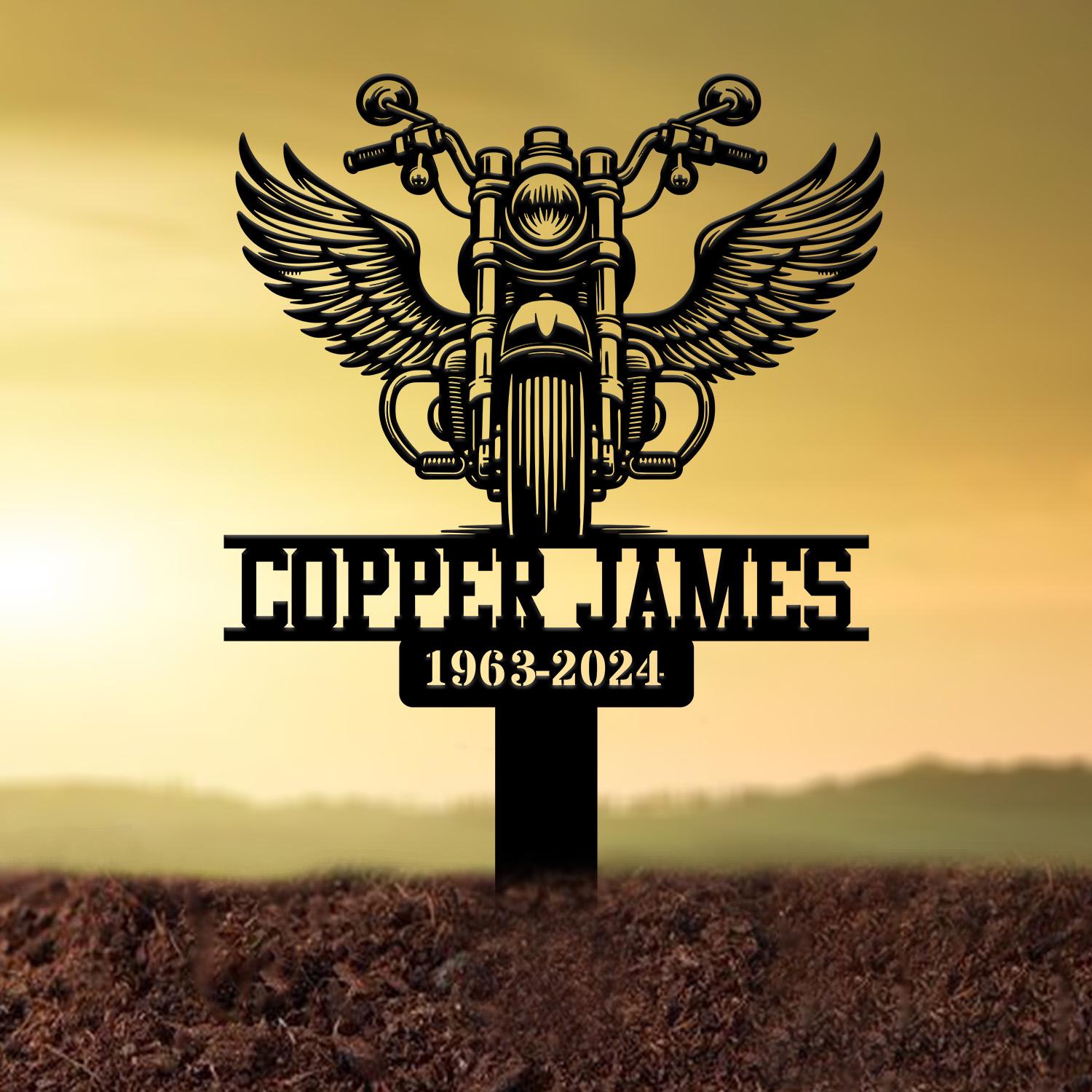 Custom Motorcycle with Wings Memorial Plaque Stake, Personalized Rider Memorial Metal Stake, Biker Name Sign, Sympathy Sign, Grave Marker
