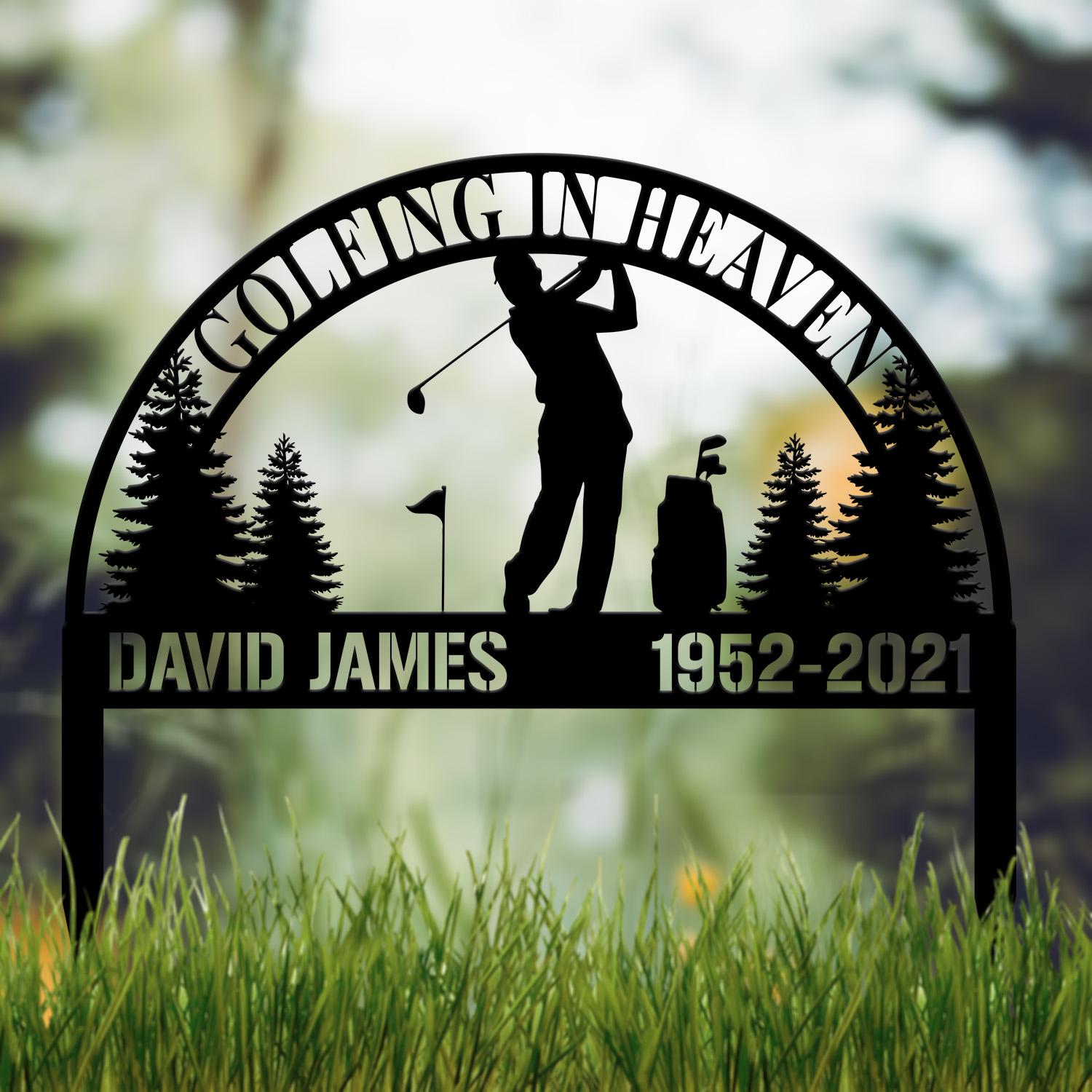 Personalized Golfing In Heaven Memorial Stake Metal, Golfer Memorial Gift, Golfer Dad Sympathy, Grave Marker, Metal Sign, Gardening Gift