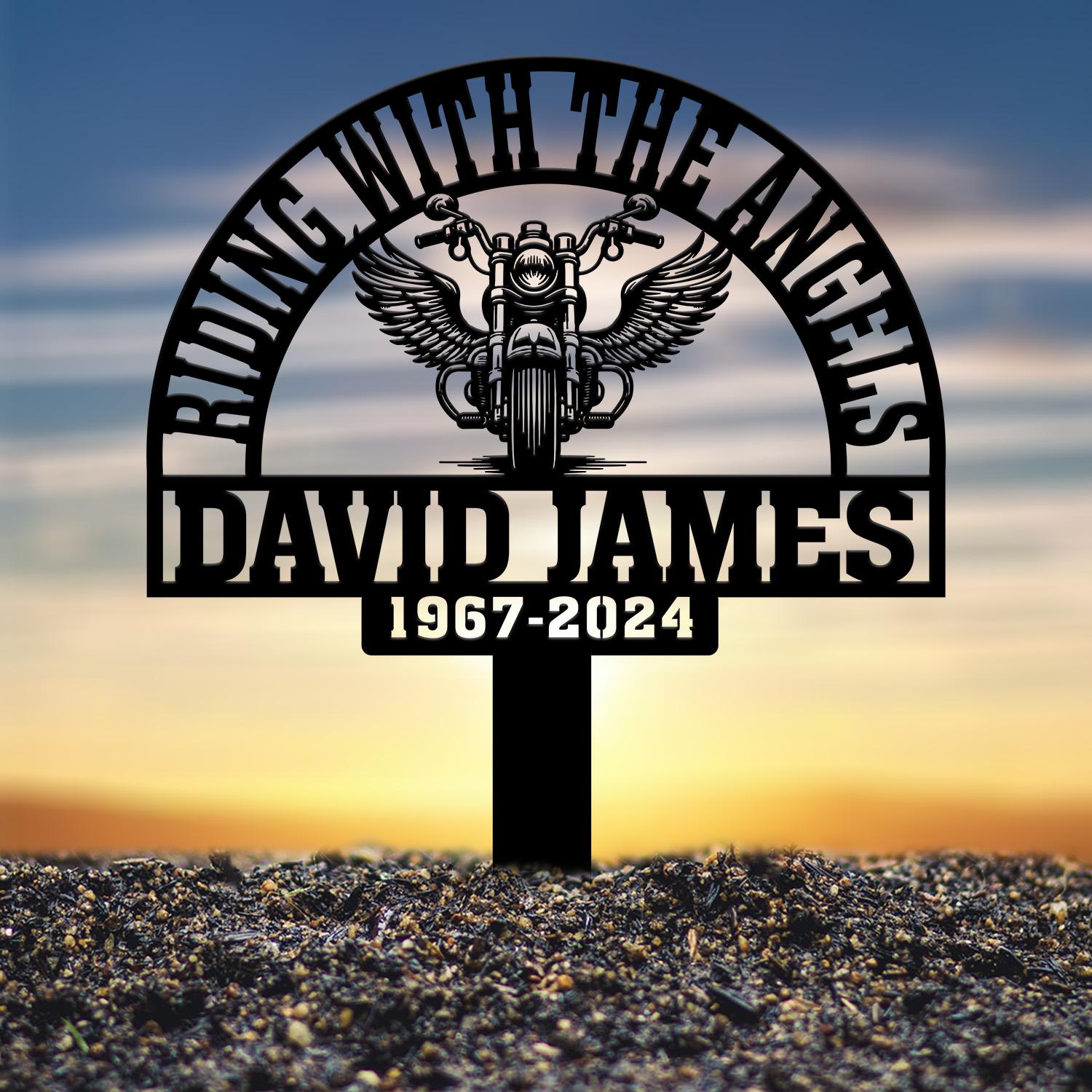 Custom Motorcycle with Wings Memorial Plaque Stake, Personalized Rider Memorial Metal Stake, Biker Name Sign, Sympathy Sign, Grave Marker