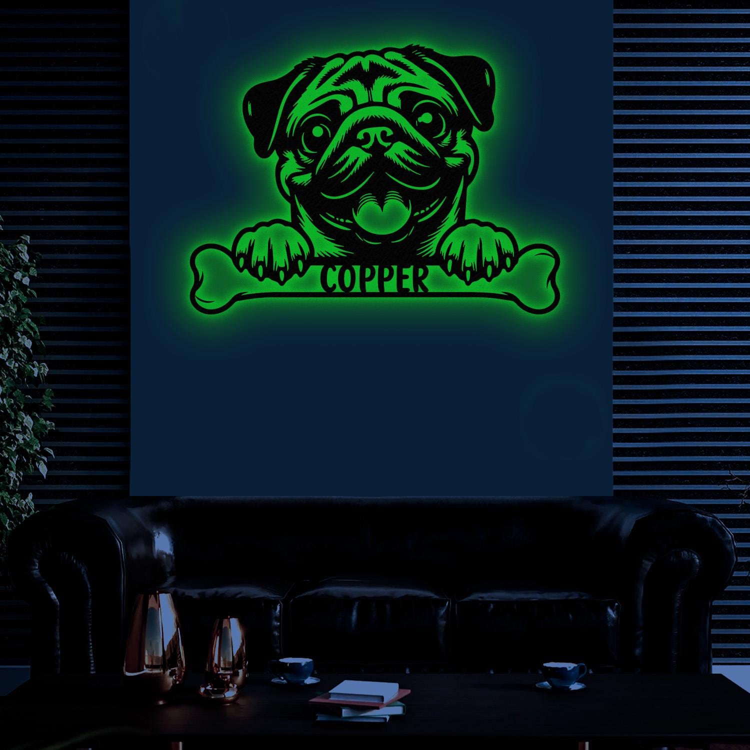 Custom Metal Pug Sign with Led Light, Pug Family Name Gift, Gift For Dog Lover, Dog Monogram Metal Sign, Dog Mom Gifts