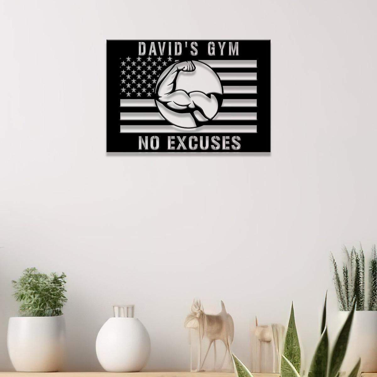 Custom No Excuses Home Gym US Flag Metal Sign, Powerlifting Metal Wall Art, Personalized Home Gym Sign, Fitness Decor, Gift for Dad Husband