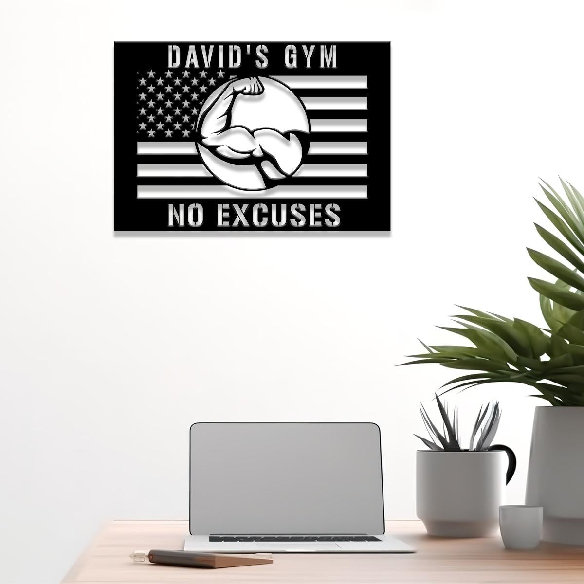 Custom No Excuses Home Gym US Flag Metal Sign, Powerlifting Metal Wall Art, Personalized Home Gym Sign, Fitness Decor, Gift for Dad Husband