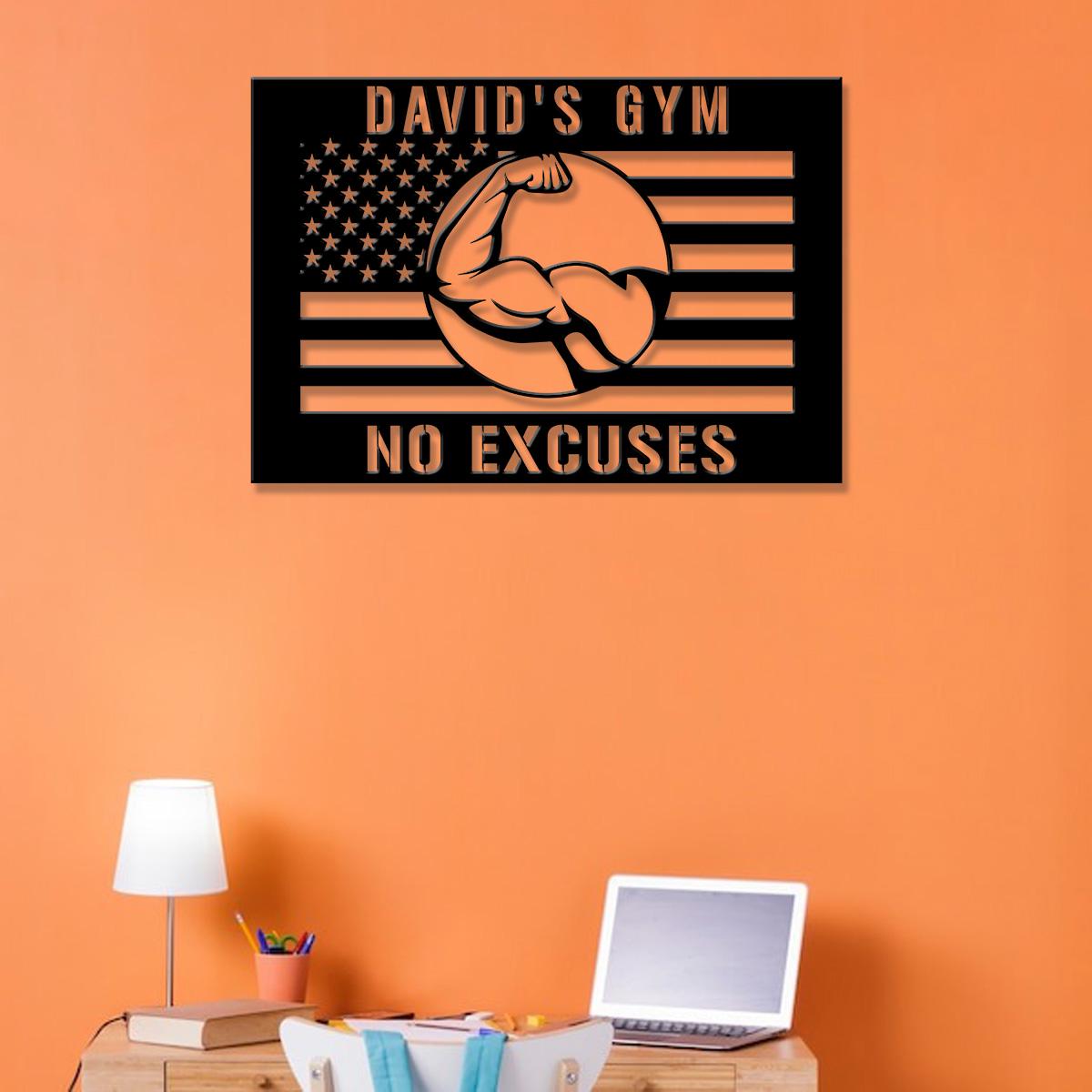 Custom No Excuses Home Gym US Flag Metal Sign, Powerlifting Metal Wall Art, Personalized Home Gym Sign, Fitness Decor, Gift for Dad Husband