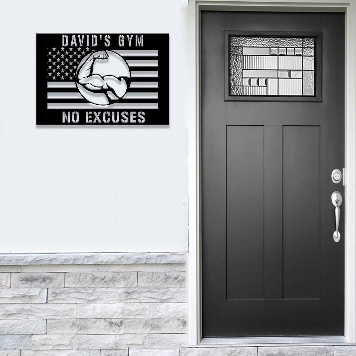Custom No Excuses Home Gym US Flag Metal Sign, Powerlifting Metal Wall Art, Personalized Home Gym Sign, Fitness Decor, Gift for Dad Husband