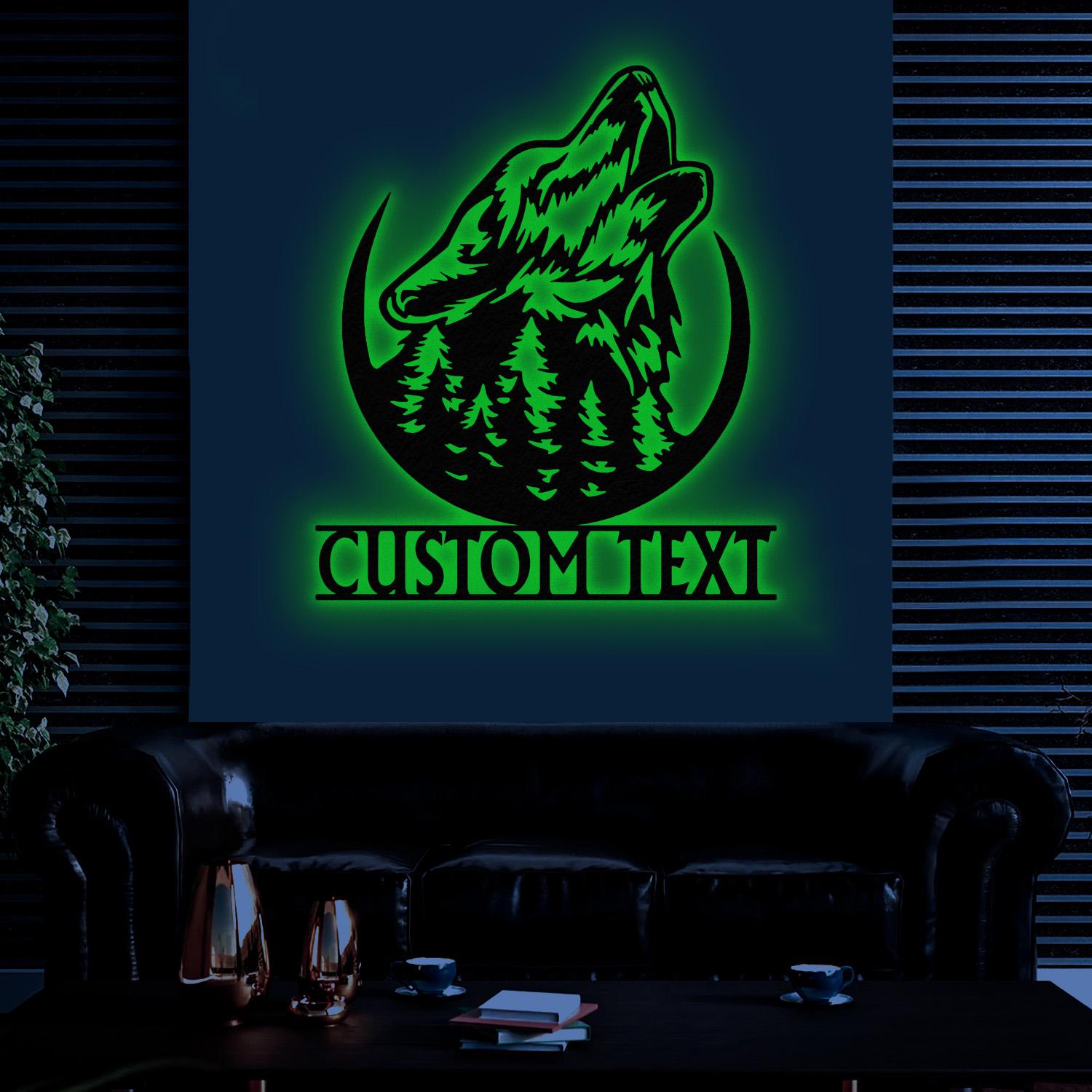 Personalized Wolf Howling Metal Ranch Sign with Led Light, Custom Wolf Name Sign, Weatherproof Sign, Farm Sign, Custom Metal Cabin Sign