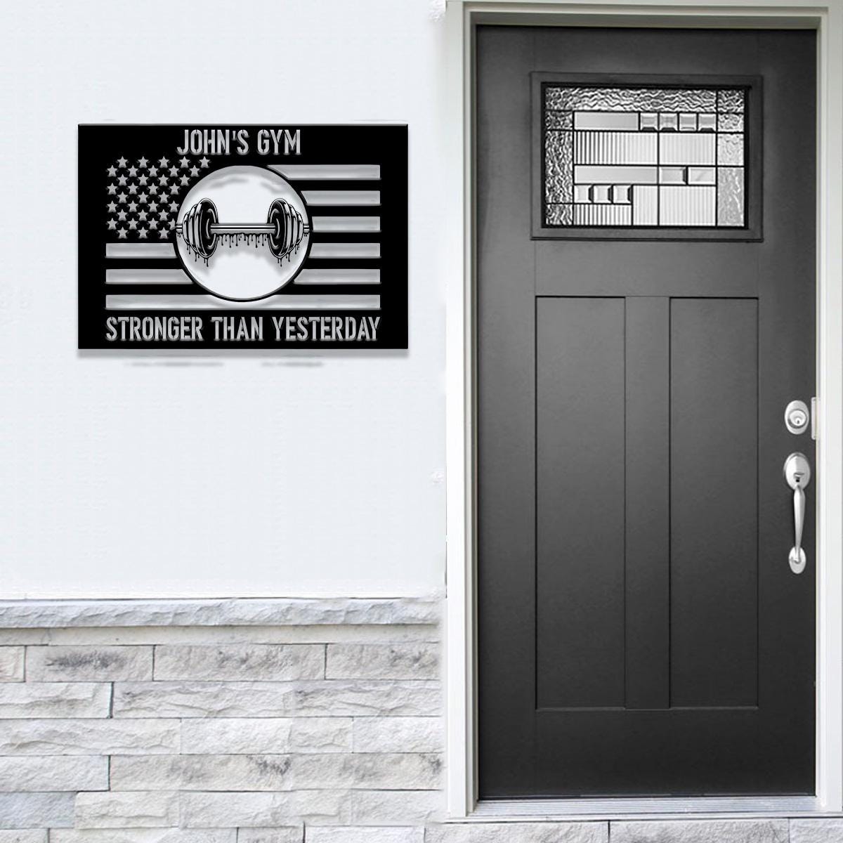 Custom Stronger Than Yesterday Gym US Flag Metal Sign, Powerlifting Metal Wall Art, Personalized Home Gym Sign, Fitness Decor, Gift for Dad