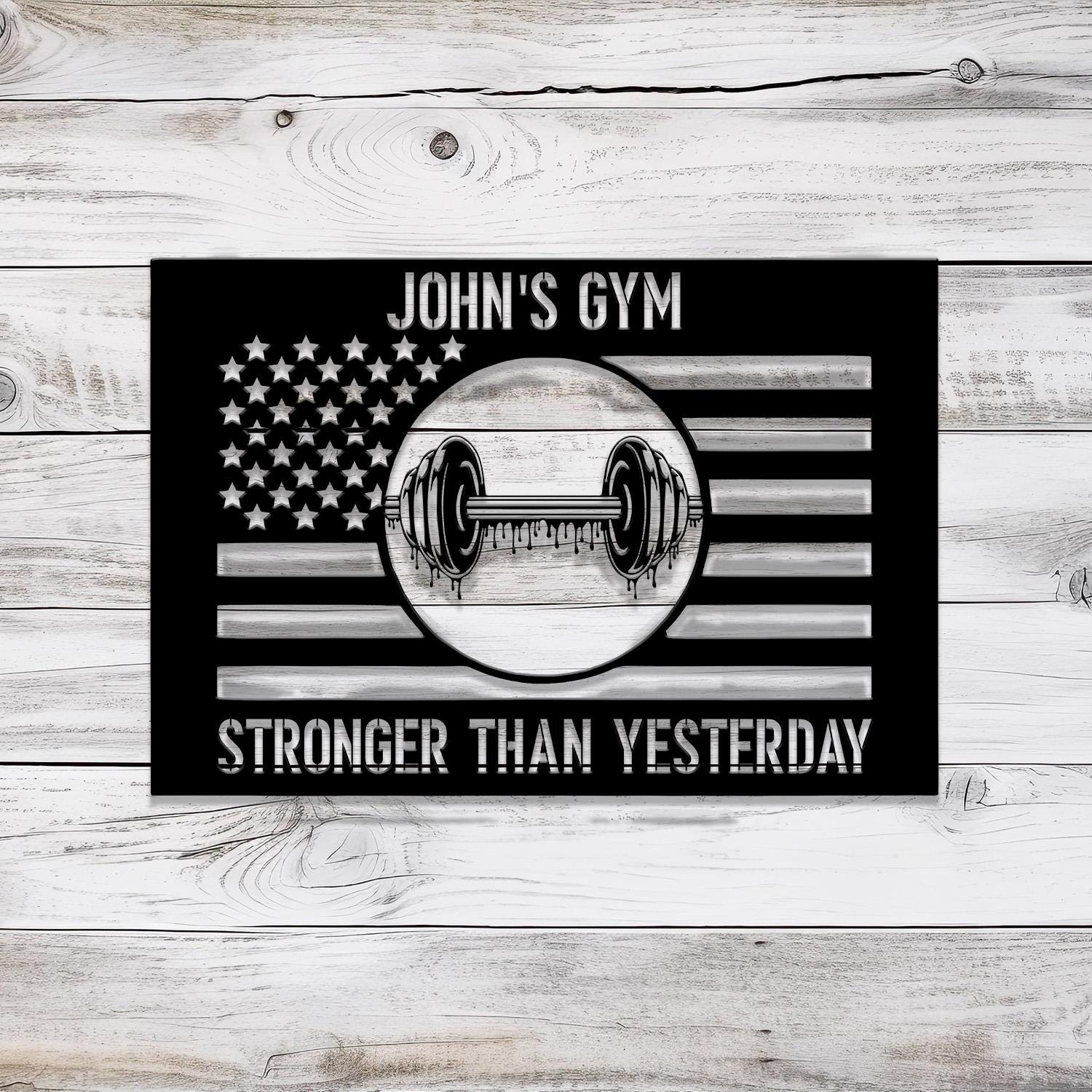 Custom Stronger Than Yesterday Gym US Flag Metal Sign, Powerlifting Metal Wall Art, Personalized Home Gym Sign, Fitness Decor, Gift for Dad
