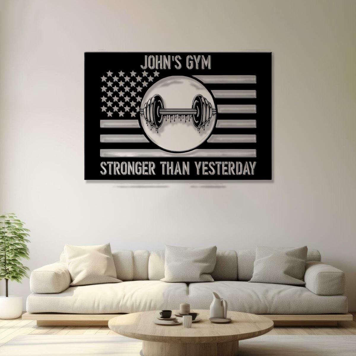Custom Stronger Than Yesterday Gym US Flag Metal Sign, Powerlifting Metal Wall Art, Personalized Home Gym Sign, Fitness Decor, Gift for Dad