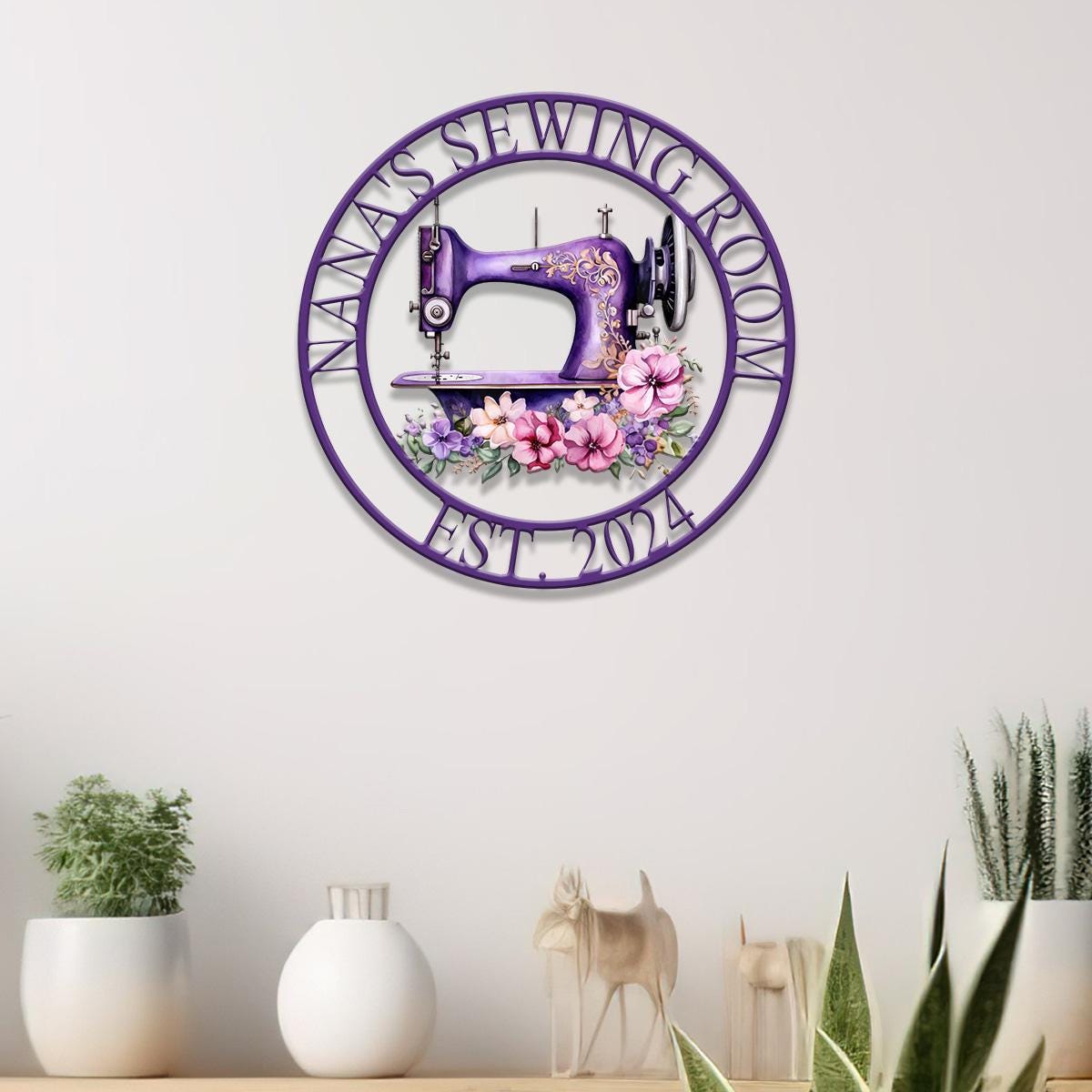 Personalized Purple Sewing Machine With Flower Sign, Custom Quilting Sign For Sewing Room Decor, Sewing Machine Sign, Gift for Mom & Grandma