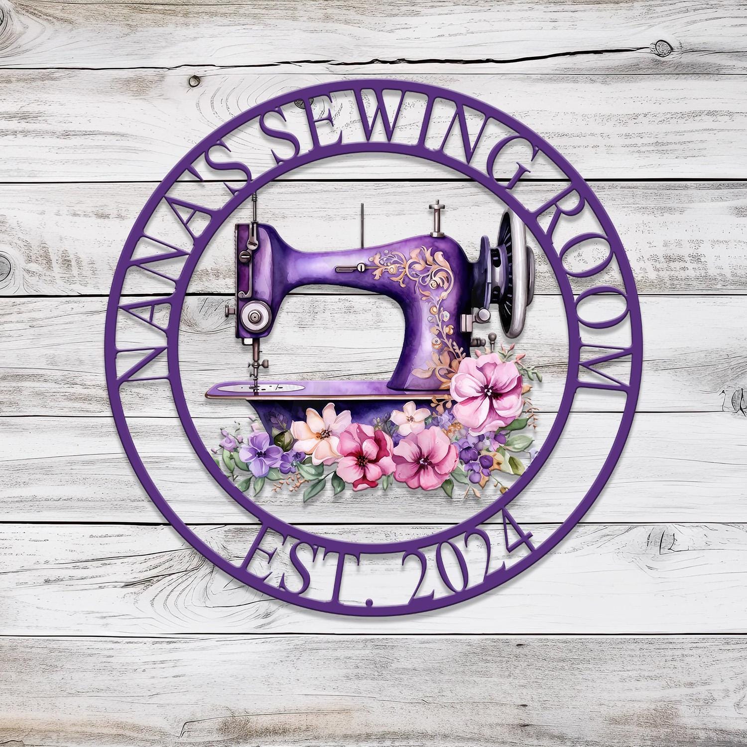 Personalized Purple Sewing Machine With Flower Sign, Custom Quilting Sign For Sewing Room Decor, Sewing Machine Sign, Gift for Mom & Grandma
