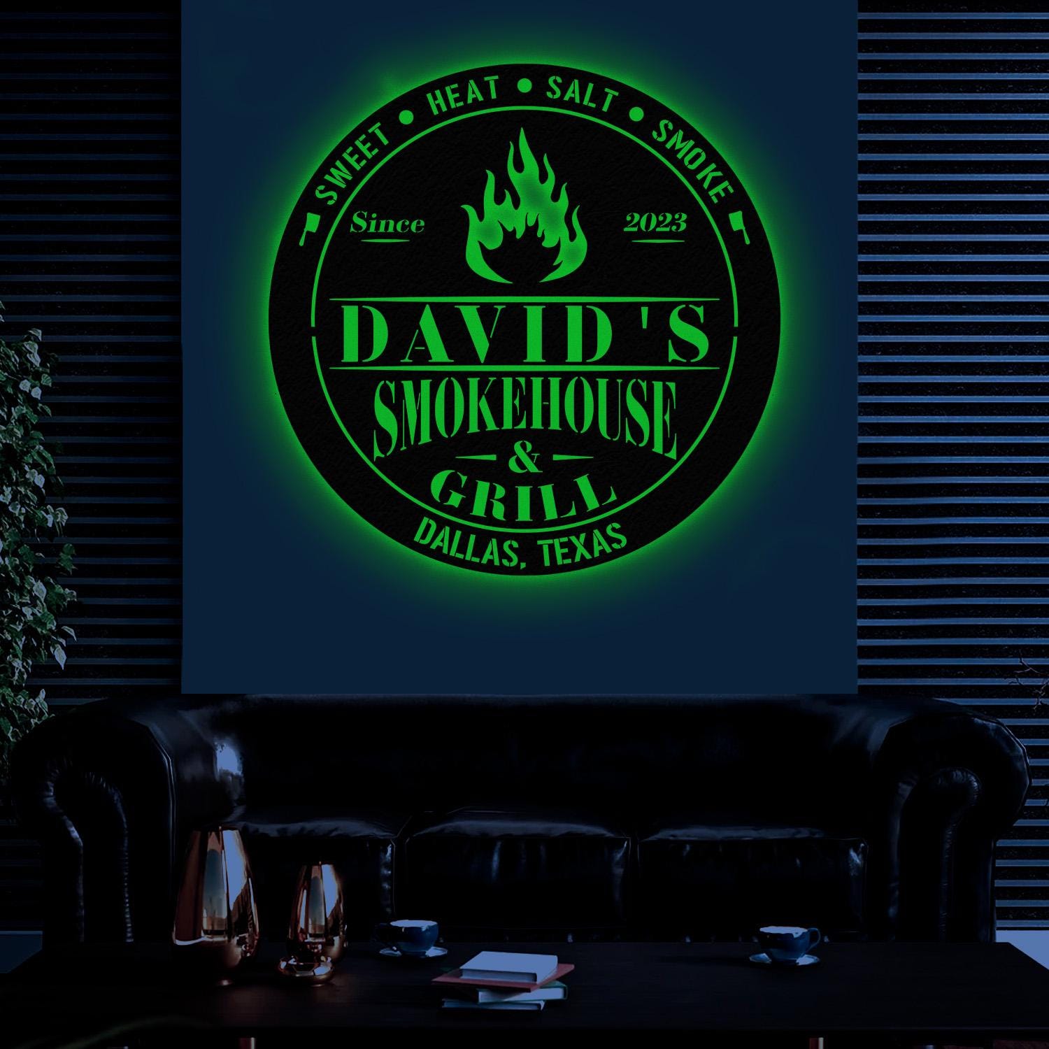 Custom Smoke House Metal Wall Art LED Light, Personalized Backyard BBQ Name Sign, Home Decor, Barbecue Decoration, Outdoor BQQ Signs