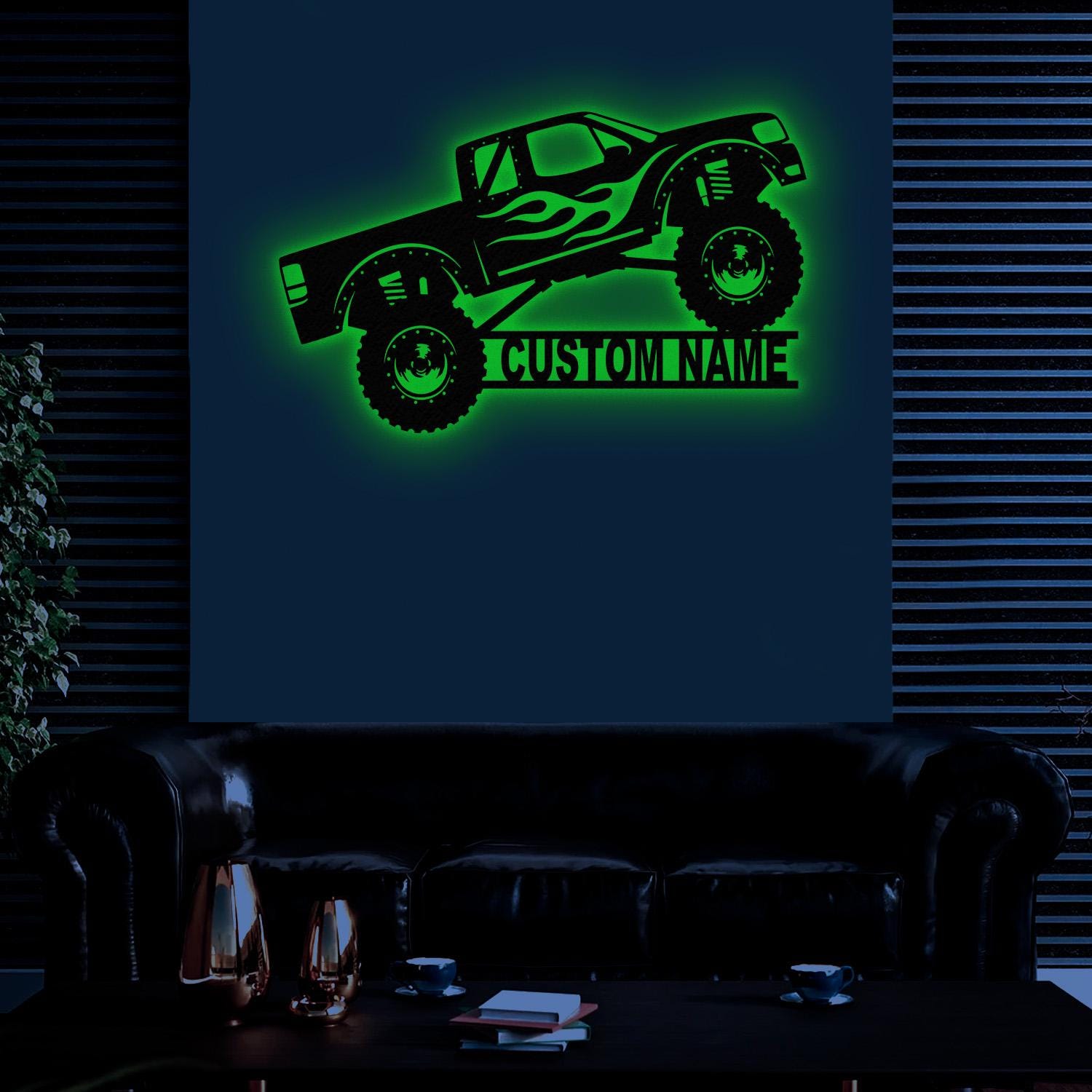 Custom Monster Truck Driver Metal Sign with Led Light, Personalized Fire Flame Off Road Vehicle Name Sign, Kids Nursery Decoration