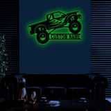 Custom Monster Truck Driver Metal Sign with Led Light, Personalized Fire Flame Off Road Vehicle Name Sign, Kids Nursery Decoration