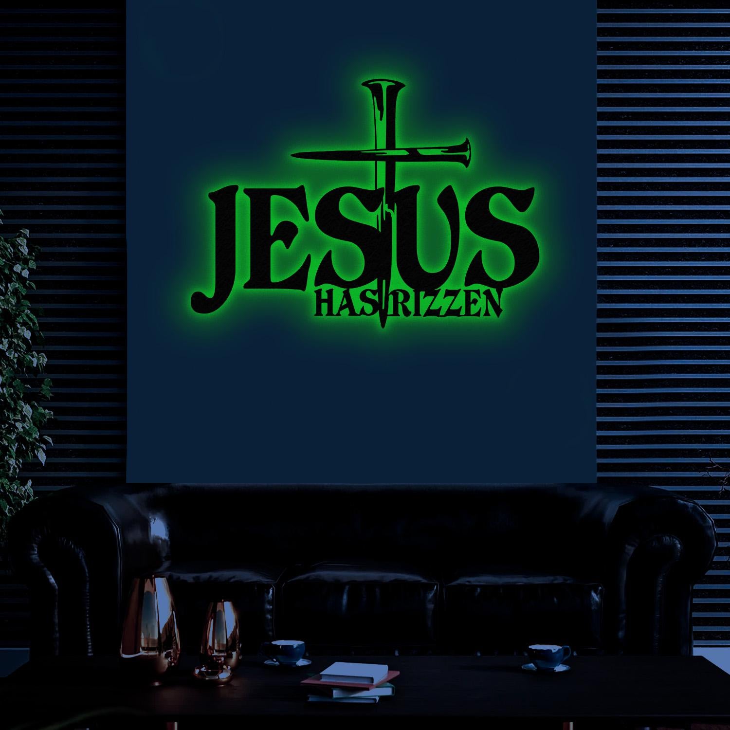 Jesus Has Rizzen Metal Wall Art with Led Light, Christian Line Art, Christian Wall Decor, Cross Metal Sign, Christian Gift,