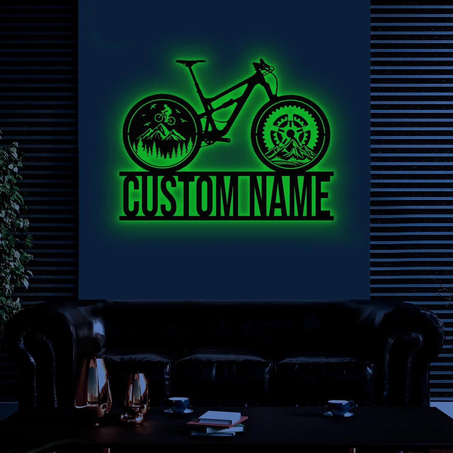 Custom Cyclist Mountain Bike Metal Sign with LED Light, Personalized Bicycle MTB Name Sign, Biker Decoration, Racer Gifts, Christmas Gifts