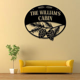 Custom Metal Hanging Pinecone Cabin Sign, Personalized Family Name Sign, Outdoor Cabin Entry Welcome Sign, Cabin Decor