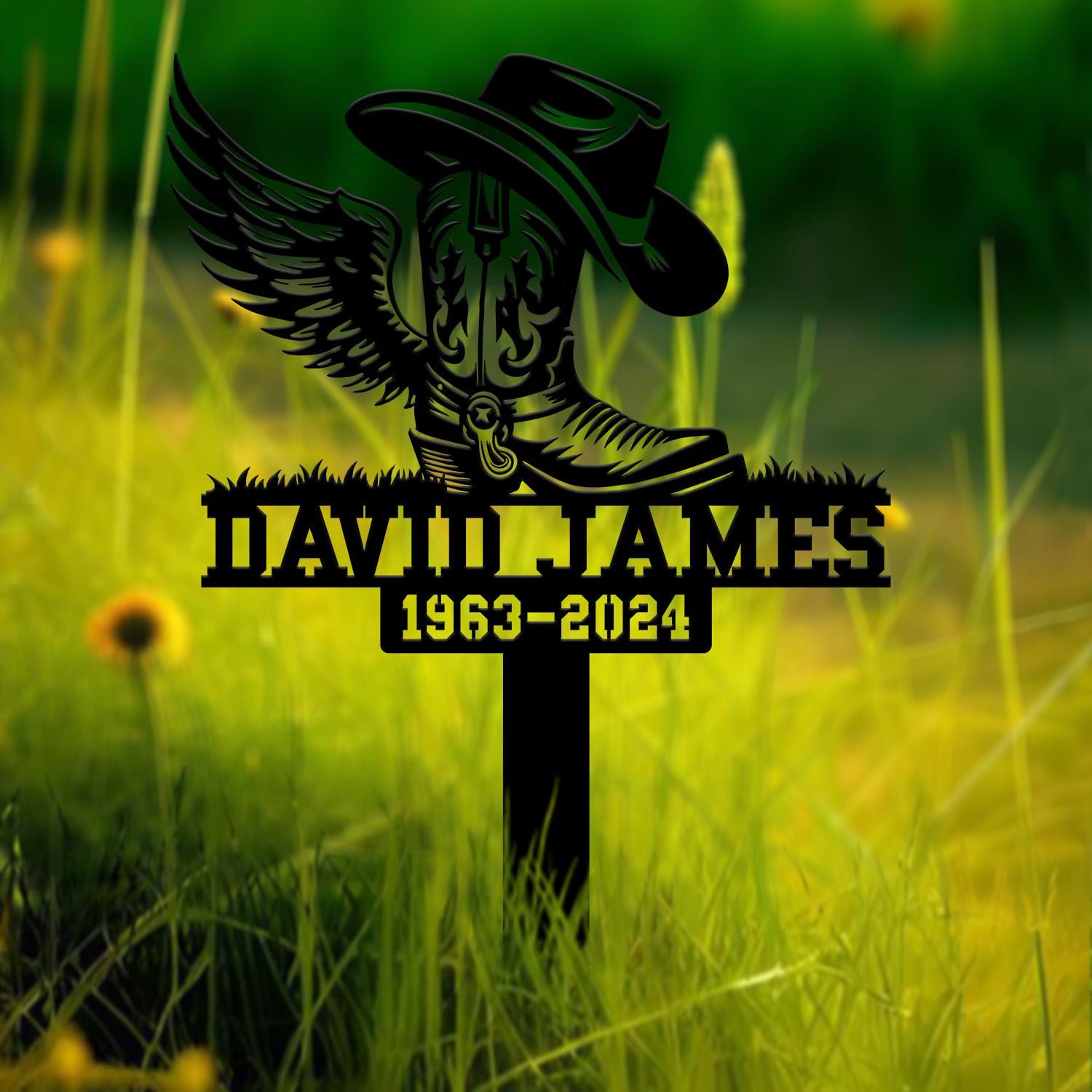 Custom Cowboy Boot Hat With Wings Memorial Stake, Personalized Cowboy Name Memorial Sign, Cowboy Sympathy Gift, Memorial Plaque