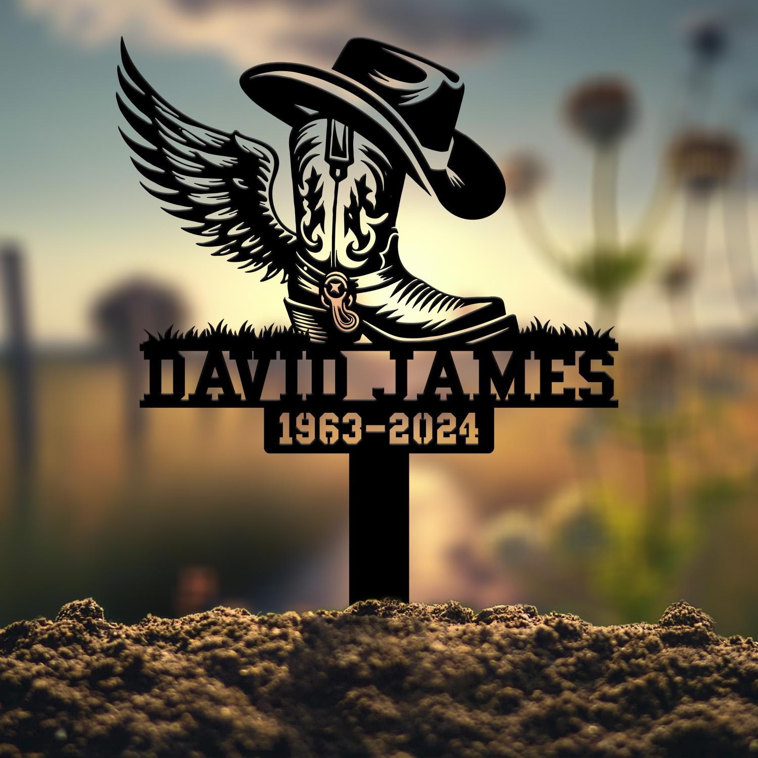 Custom Cowboy Boot Hat With Wings Memorial Stake, Personalized Cowboy Name Memorial Sign, Cowboy Sympathy Gift, Memorial Plaque