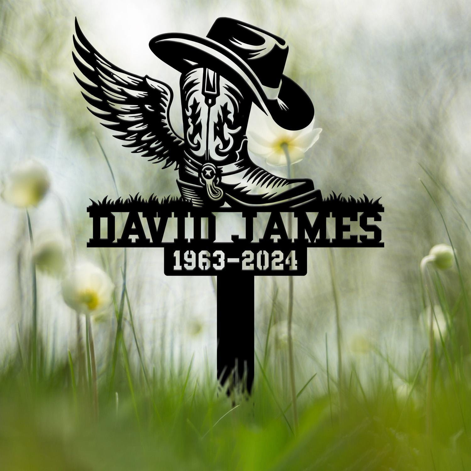 Custom Cowboy Boot Hat With Wings Memorial Stake, Personalized Cowboy Name Memorial Sign, Cowboy Sympathy Gift, Memorial Plaque