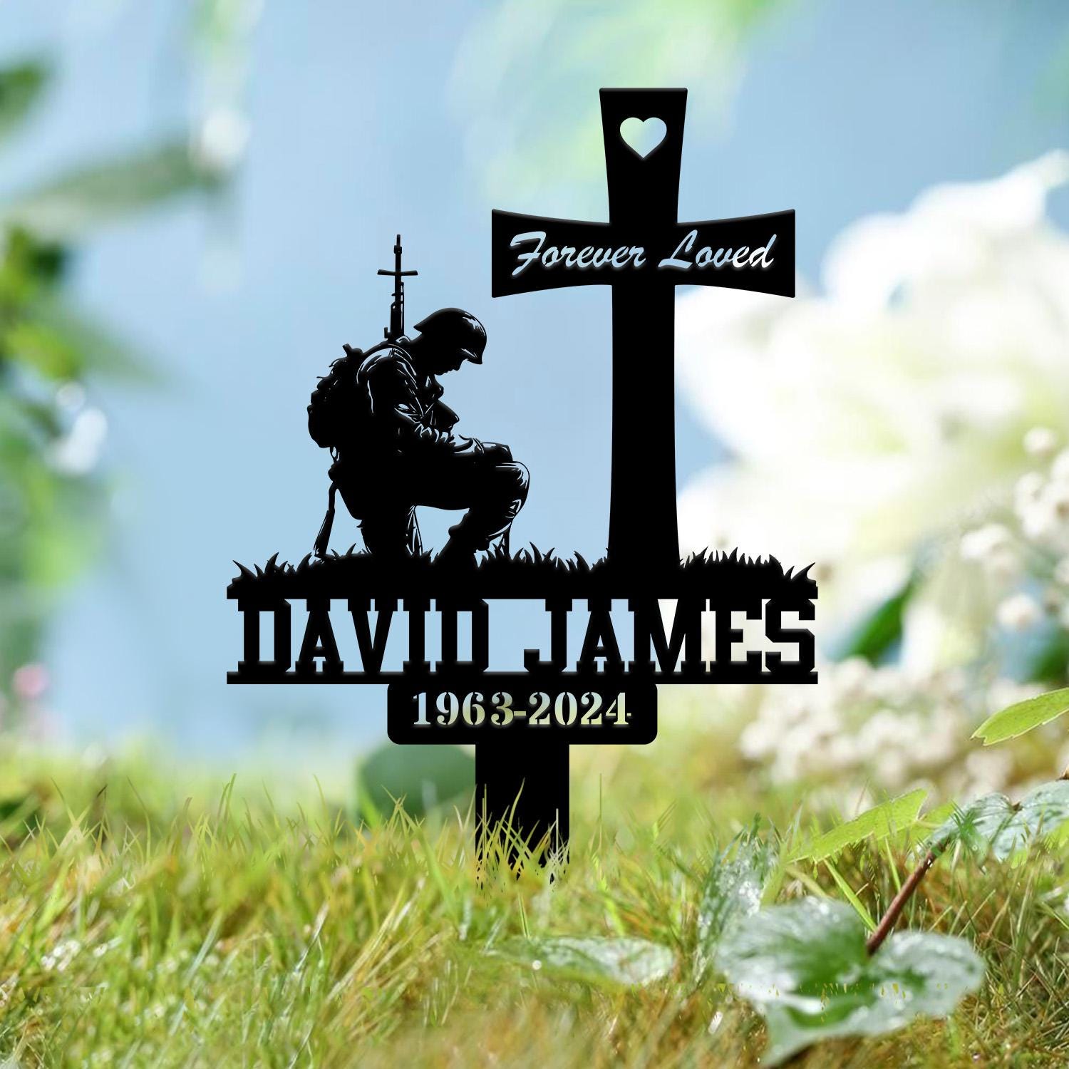 Custom Soldier Kneeling Metal Memorial Stake, Personalized Veteran Army Grave Marker Name Sign, Military Remembrance Stake, Sympathy Gift