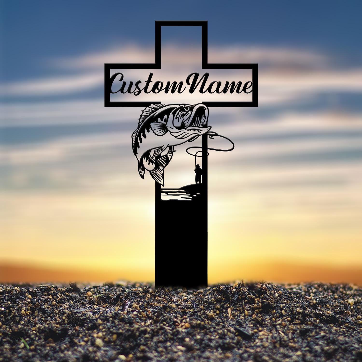 Personalized Fishing Memorial Cross Stake Metal, Outdoor Garden Decor, Fisherman Memorial Gift, Fishing Dad Sympathy, Grave Marker