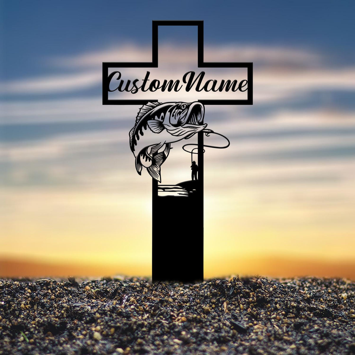 Personalized Fishing Memorial Cross Stake Metal, Outdoor Garden Decor, Fisherman Memorial Gift, Fishing Dad Sympathy, Grave Marker